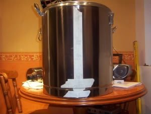 mash tun with masking tape on side